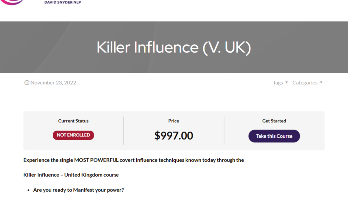 David Snyder – Killer Influence (v. UK – 2022)