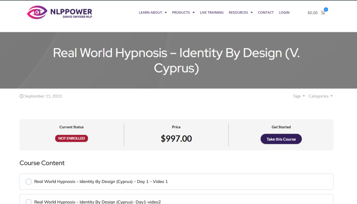 David Snyder – Real World Hypnosis Identity By Design (v. Cyprus – 2023)